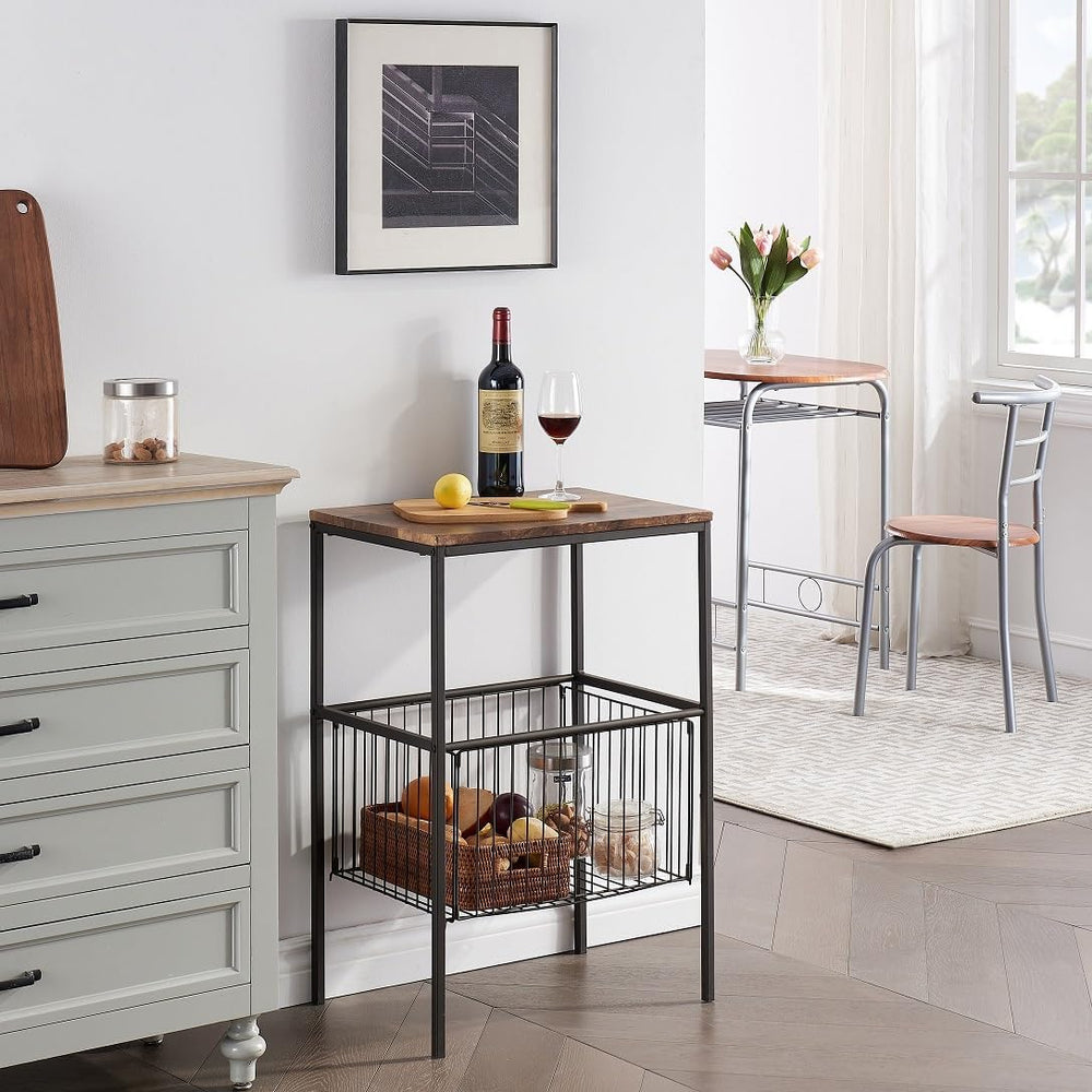 VECELO Tall End Table with Metal Basket,Nightstand with Shelf Storage Organiz...