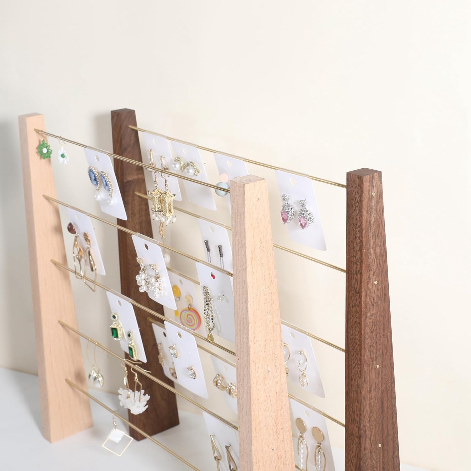 GemeShou 5 Tiers Beech Earring display stands for selling, Wooden Jewelry Shelf, Earring Storage Organizer, Brass earring holders with 30 PVC cards for stud Dangle Hoop【Beech 5-Tier】
