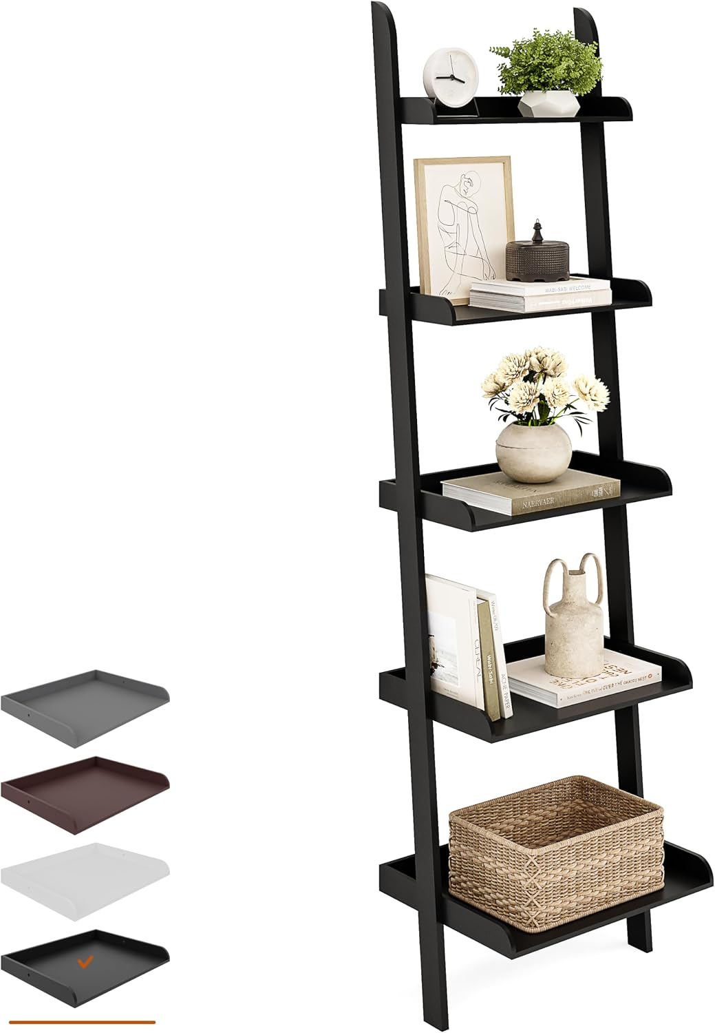 Ballucci 5-Tier Ladder Shelf, Modern 67" Tall Wood Leaning Shelf Organizer for Living Room, Bathroom, Office, Bedroom - Black