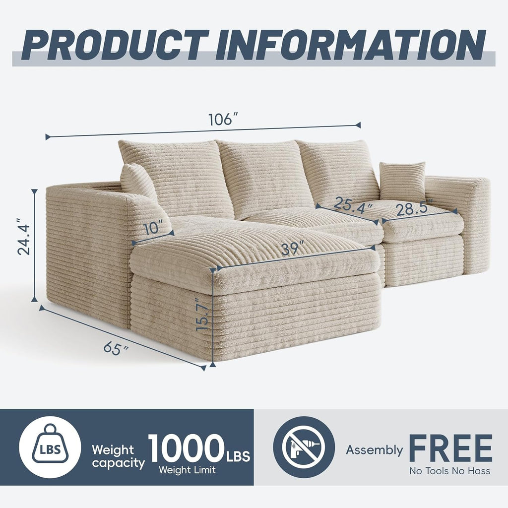 106" Modular Cloud Sofa L-Shaped, Boneless Deep Seat Sectional with High-Density Foam, Washable Corduroy Fabric, No Assembly Required for Living Room Apartment, Beige