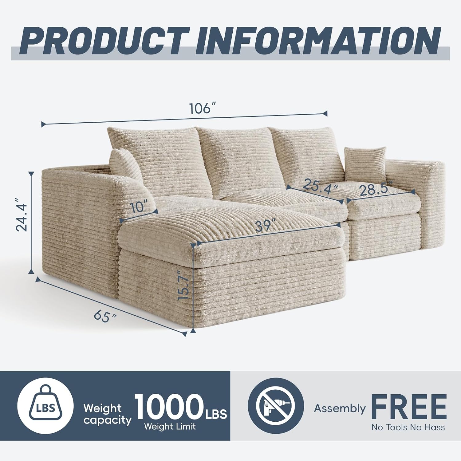 106" Modular Cloud Sofa L-Shaped, Boneless Deep Seat Sectional with High-Density Foam, Washable Corduroy Fabric, No Assembly Required for Living Room Apartment, Beige