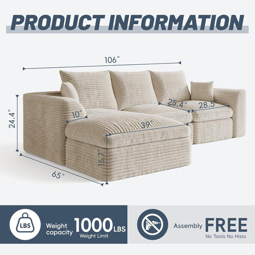 106" Modular Cloud Sofa L-Shaped, Boneless Deep Seat Sectional with High-Density Foam, Washable Corduroy Fabric, No Assembly Required for Living Room Apartment, Beige
