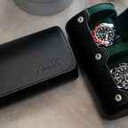 DailyWatch | Personalized Watch Roll Travel Case For 2 Watches - Handmade Genuine Leather Travel Case With Custom Engraving of Name or Initials - Black Green