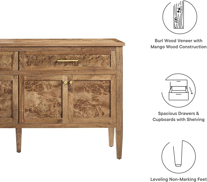 Modway Elysian 62" Wood Sideboard in Brown - Buffet Cabinet with Storage, Living Room Credenza, Media Console Cabinet, TV Stand, Entryway Table or Hallway Cabinet