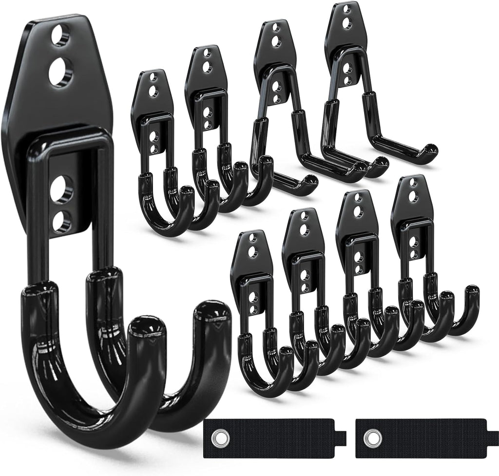 3-H Garage Wall Hooks 10 Pack, Garage Hooks Heavy Duty with Extra Welding Spots, Wall Storage Organizer for Hanging for Garden, Lawn, Yard (Black)