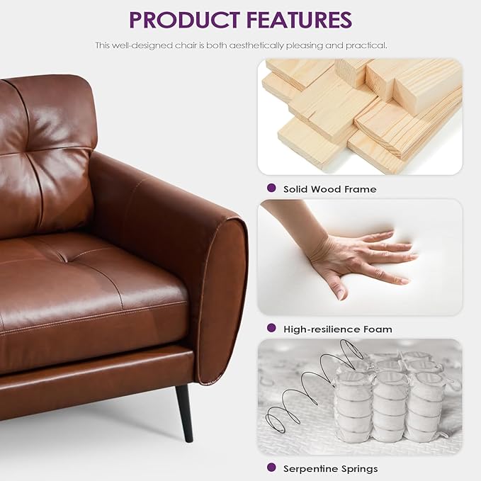 TYBOATLE Sofa Couch 61" Small Loveseat Couches for Living Room Chestnut Brown Leather Couch Mid Century Modern Tufted Mini Sofa Comfy Office 2 Seat Settee Love Seat for Small Spaces Bedroom