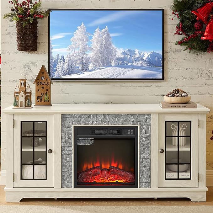 TV Stand with Electric Fireplace & Storage Cabinet, Entertainment Center ...