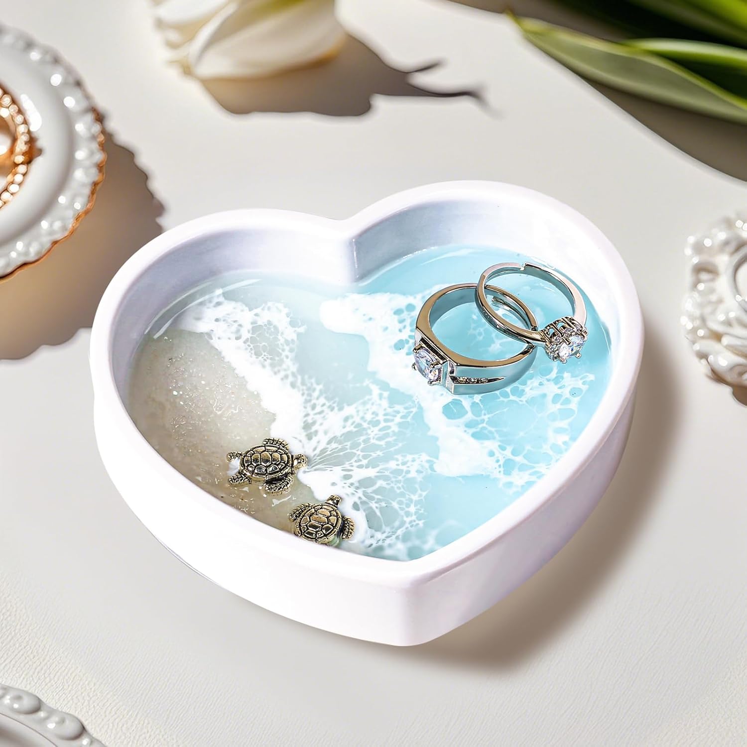 Handmade Resin Ring Dish, Beach Themed Trinket Dish with Couple Sea Turtles | Jewelry Holder for Rings Earrings, Engagement Gifts for Couples & Beach Themed Gifts for Women, Unique Coastal Beachy Decor