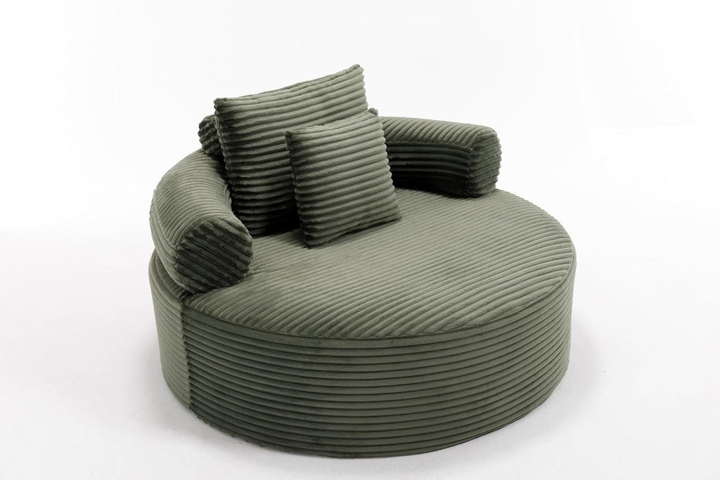 Oversized Round Chair Lounge Chaise Indoor, 55.5" Upholstered Corduroy Deep Seat Single Cloud Sofa Chair, Fluffy Modern Large Circle Boneless Sleeper Sofa for Living Room, Bedroom, Green