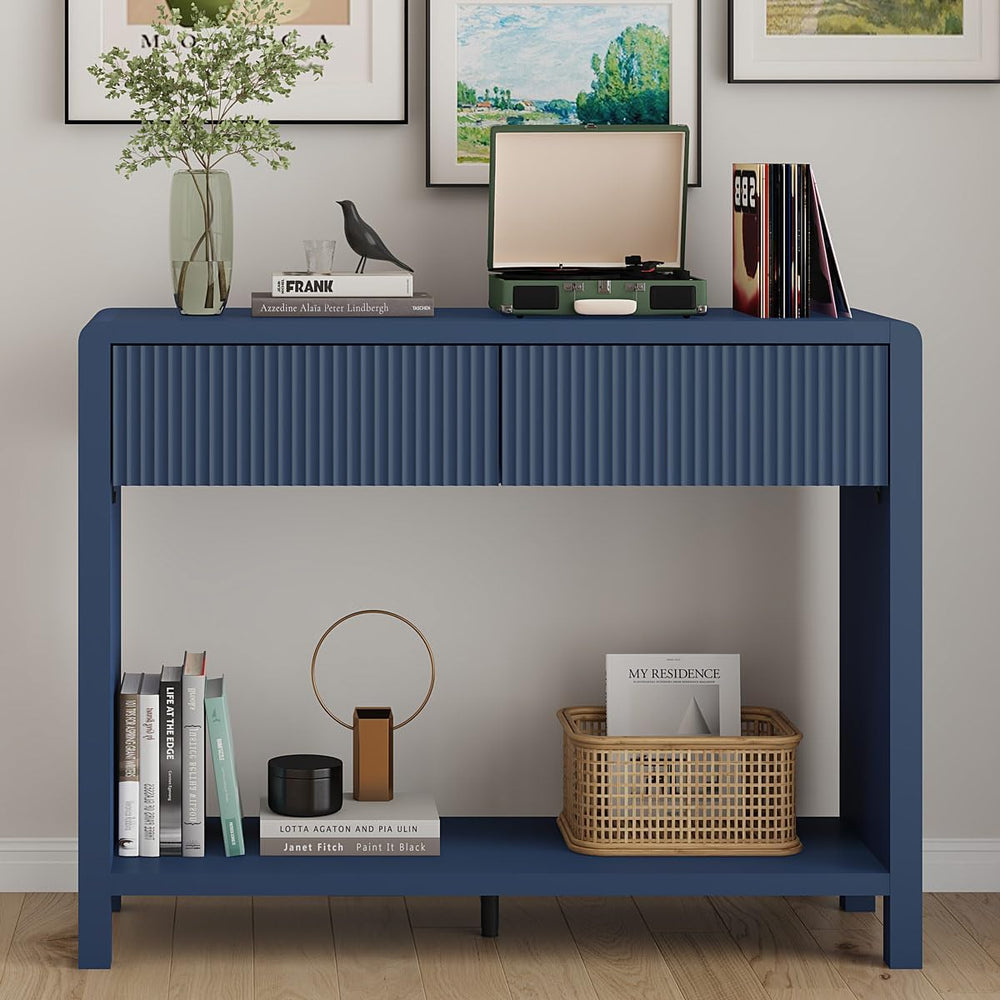 FATORRI Console Entryway Table with 2 Wood Fluted Drawers, 39.37" Blue |...