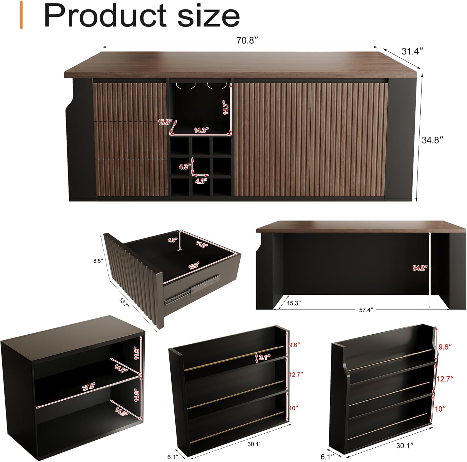 70.8 Inch Modern Multifunctional Kitchen Island Tabletop Home Bar with 3 Drawers, Wine Rack, Glass Cup Holder Adjustable Dividers for Kitchen Dining Room Family Party