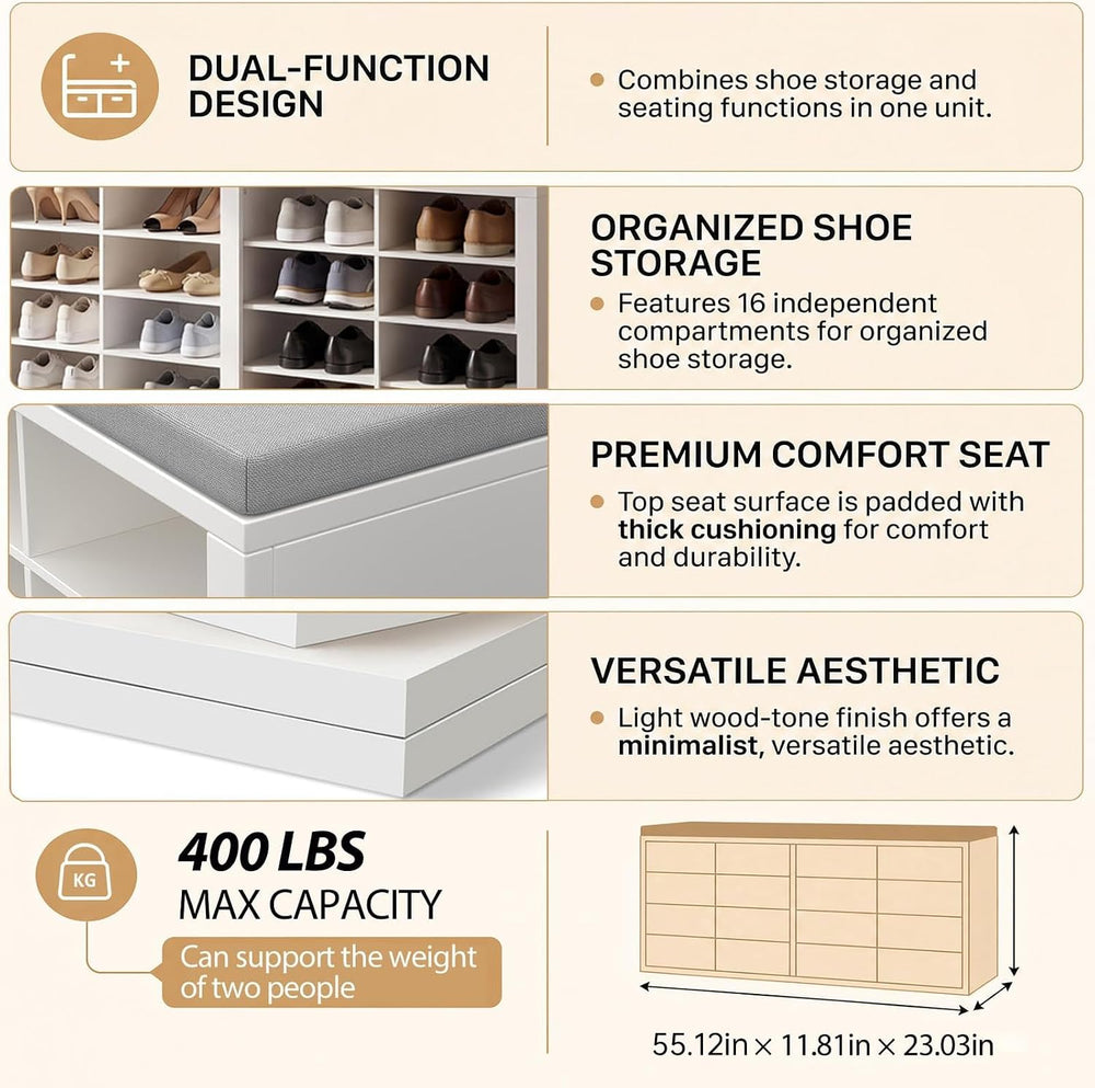 Shoe Storage Bench with Cushion Shoe Rack for Entryway 16 Cubby Multifunction...