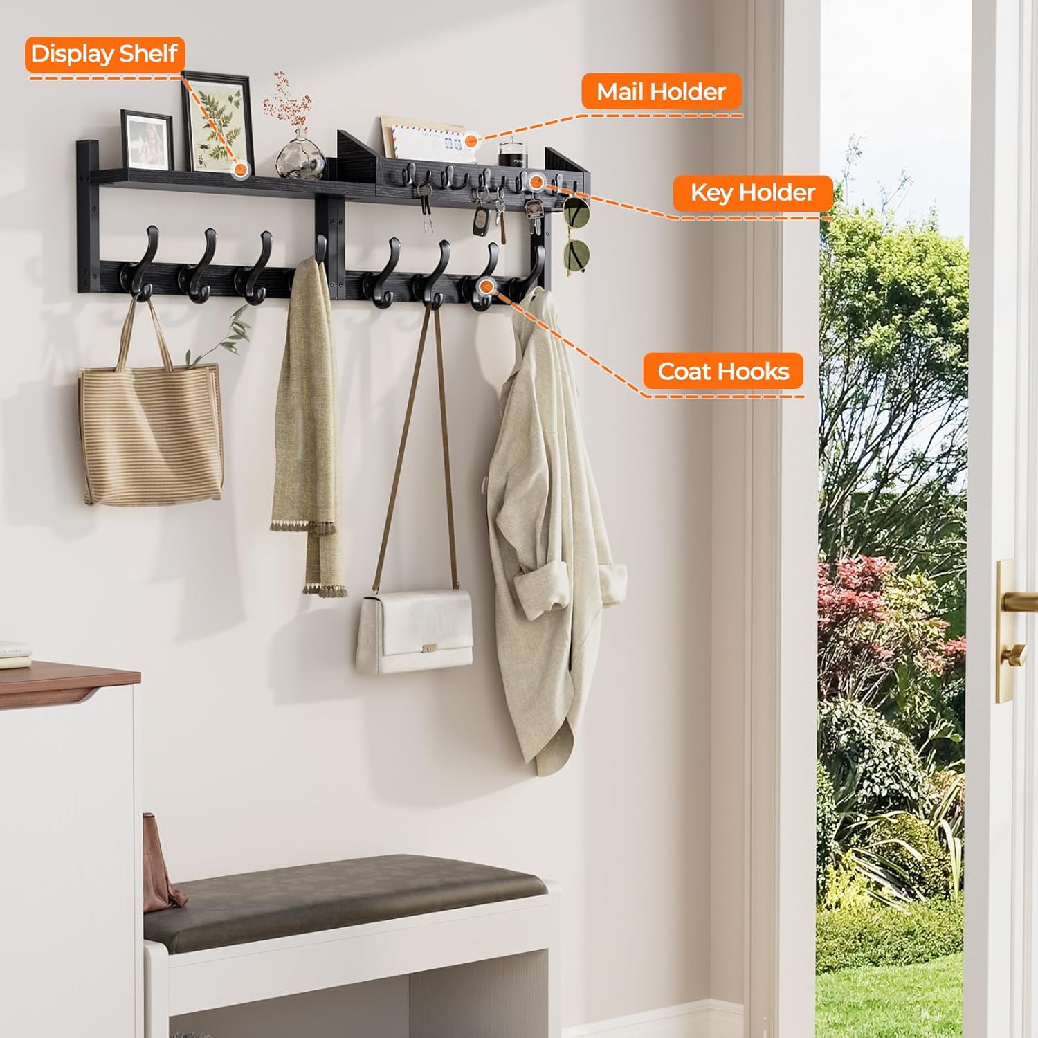 Evermagin 35" Coat Rack Wall Mount with Shelf, 4 in 1 Coat and Key Hanger with 13 Metal Hooks, Entryway Wall Mounted Shelf with Mail Holder for Living Room, Bedroom, Black