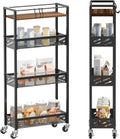 DGSNADGO Slim Rolling Storage Cart, 4-Tier Kitchen Cart on Wheels, Narrow Utility Cart with Handle and Wooden Tabletop for Small Space in Kitchen, Living Room, Bathroom, Rustic Brown and Black