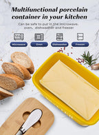 Large Butter Dish With Lid - Ceramic Container for Countertop, Holder With Knife and Sponge Scrubber, Perfect for 2 Sticks, Yellow
