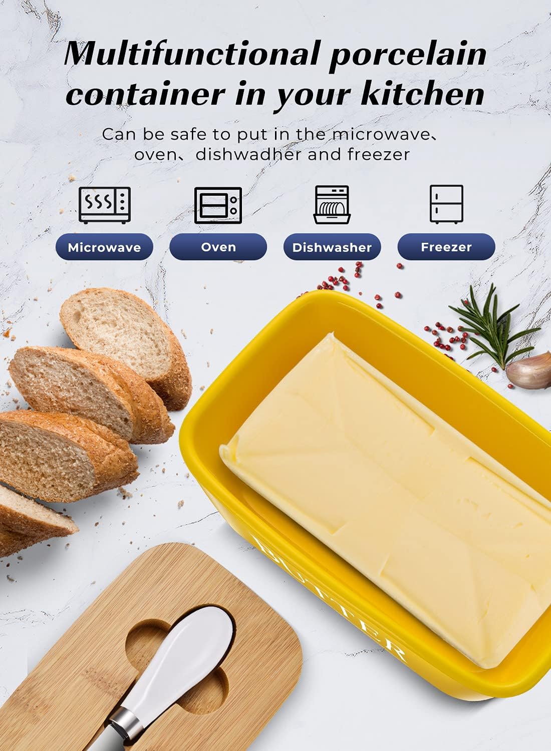 Large Butter Dish With Lid - Ceramic Container for Countertop, Holder With Knife and Sponge Scrubber, Perfect for 2 Sticks, Yellow