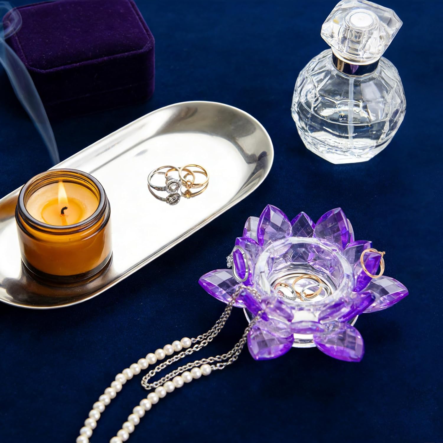 Crystal Flower Jewelry Tray, Luxury Transparent Decorative Trinket Dish for Rings, Earrings, Necklaces, Keys for Vanity Dresser Nightstand, Elegant Gift for Women Mother's Day (1, 4.4"(w) - Purple)