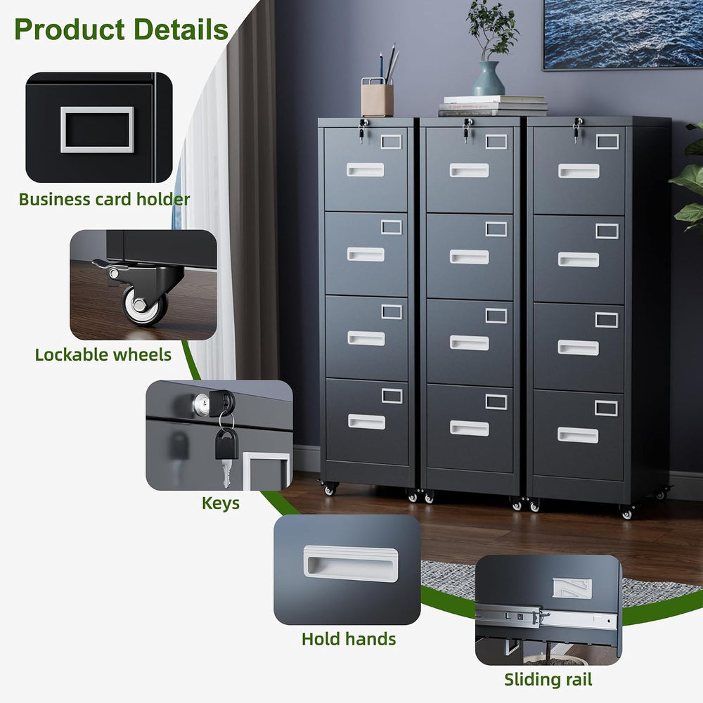 Reemoon Metal 4 Drawer File Cabinet with Lock and Wheels, Black | 17.72"...