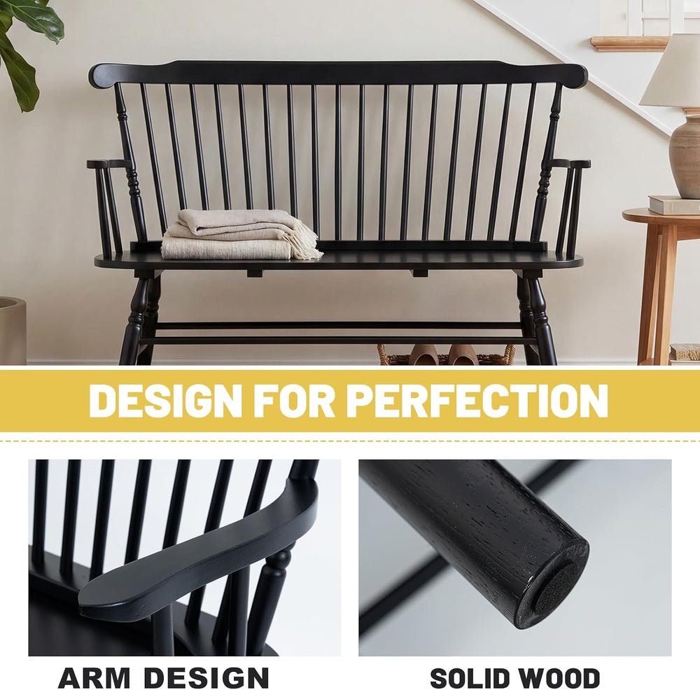 Windsor Dining Bench Entryway Bench, Black | Spindle Back, with Armrest, Stur...