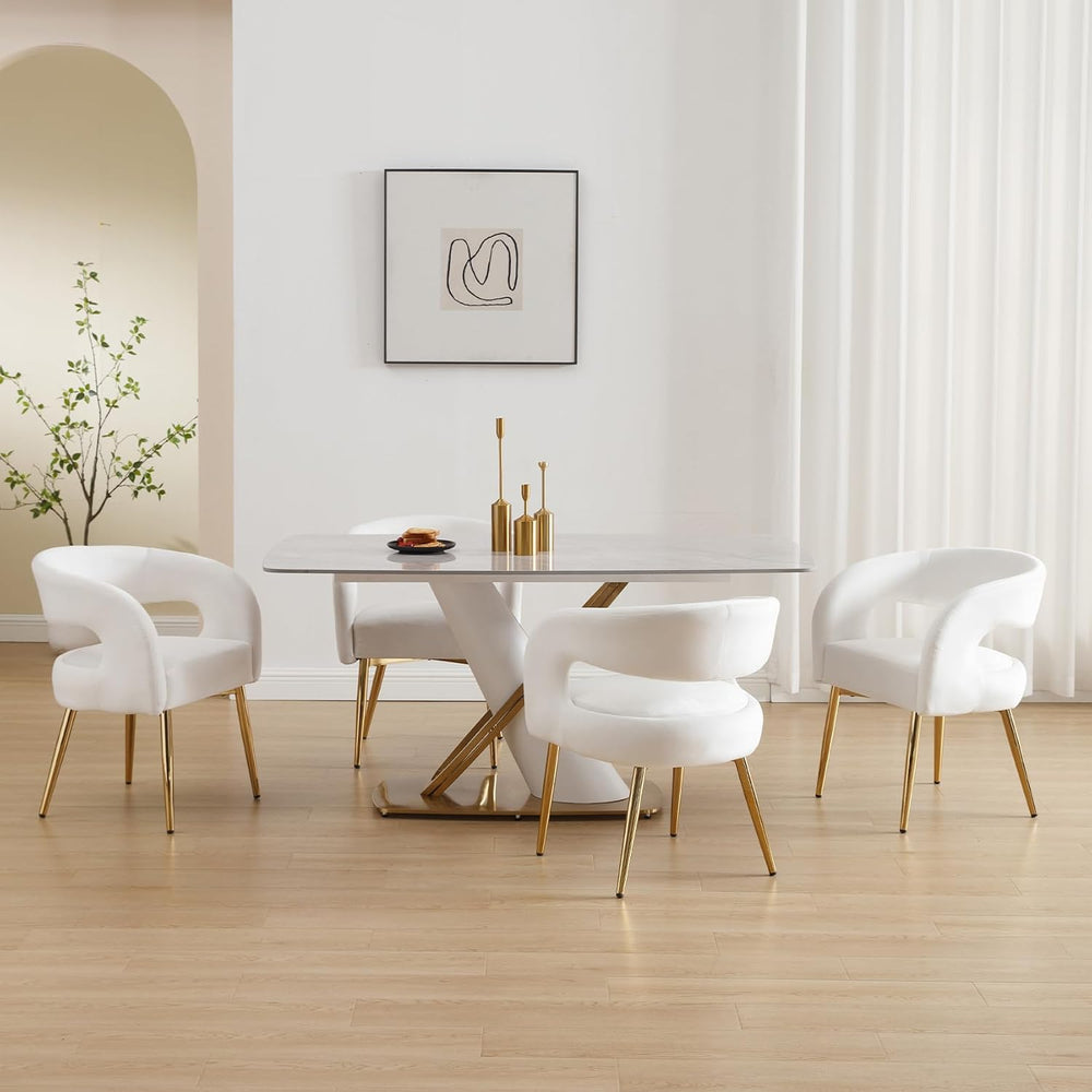Hyfirm White and Gold Dining Chairs Set of 4, Upholstered Velvet Barrel Dinin...