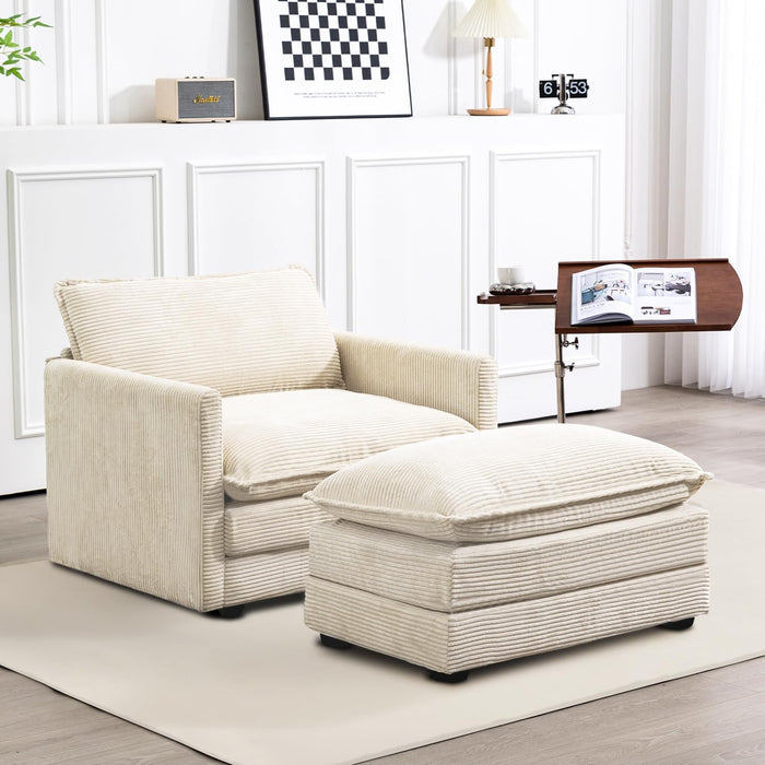 ROWHY 41'' Single Armchair with Ottoman, Modern Corduroy Cloud Couch with Convertible Chaise, Upholstered Sofa Set for Living Room, Beige