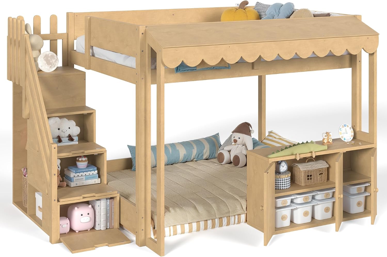 Full Over Full Loft Bed with Storage Stairs and Pretend Store Counter (Full)