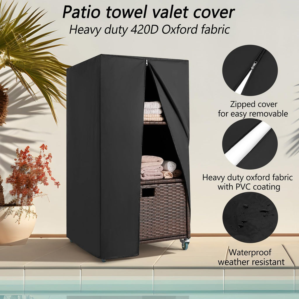 Outdoor Pool Towel Storage Cabinet Organizer Towel Valet Rack with Storage Shelves & Drawer Patio Wicker Pool Towel Holder with Rolling Wheels Poolside Caddy w/Cover for Hot Tub Spa Brown