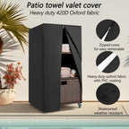 Outdoor Pool Towel Storage Cabinet Organizer Towel Valet Rack with Storage Shelves & Drawer Patio Wicker Pool Towel Holder with Rolling Wheels Poolside Caddy w/Cover for Hot Tub Spa Brown