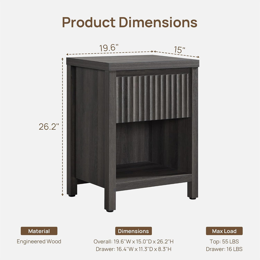 SICOTAS Fluted Night Stand Set of 2, Modern Nightstands with Drawer | Farmhou...