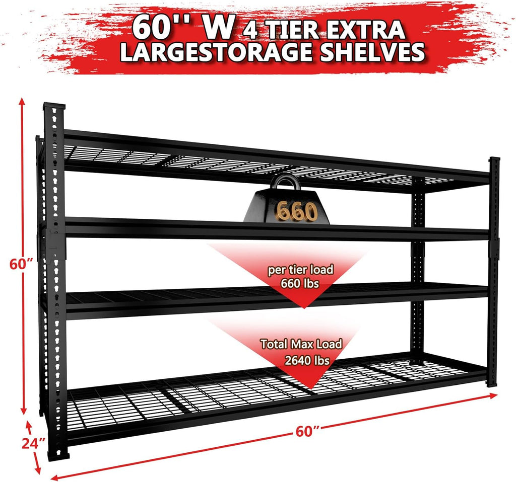 Storage Shelves, Garage Shelving Heavy Duty 2640LBS Capacity, 60"L x 24"W x 60"H Adjustable Metal Shelving Organizer Wire Rack, 4 Tier Utility Shelf Unit for Pantry Closet Warehouse Organization