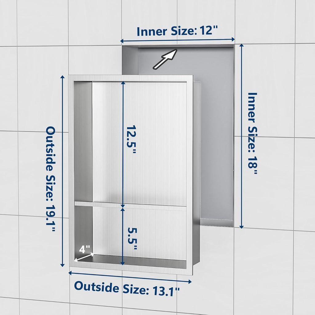 Stainless Steel Shower Niche 18" X 12", No Tile Needed Wall Niche Double Shelves, Recessed Shower Shelf for Bathroom Storage, Brushed Nickel