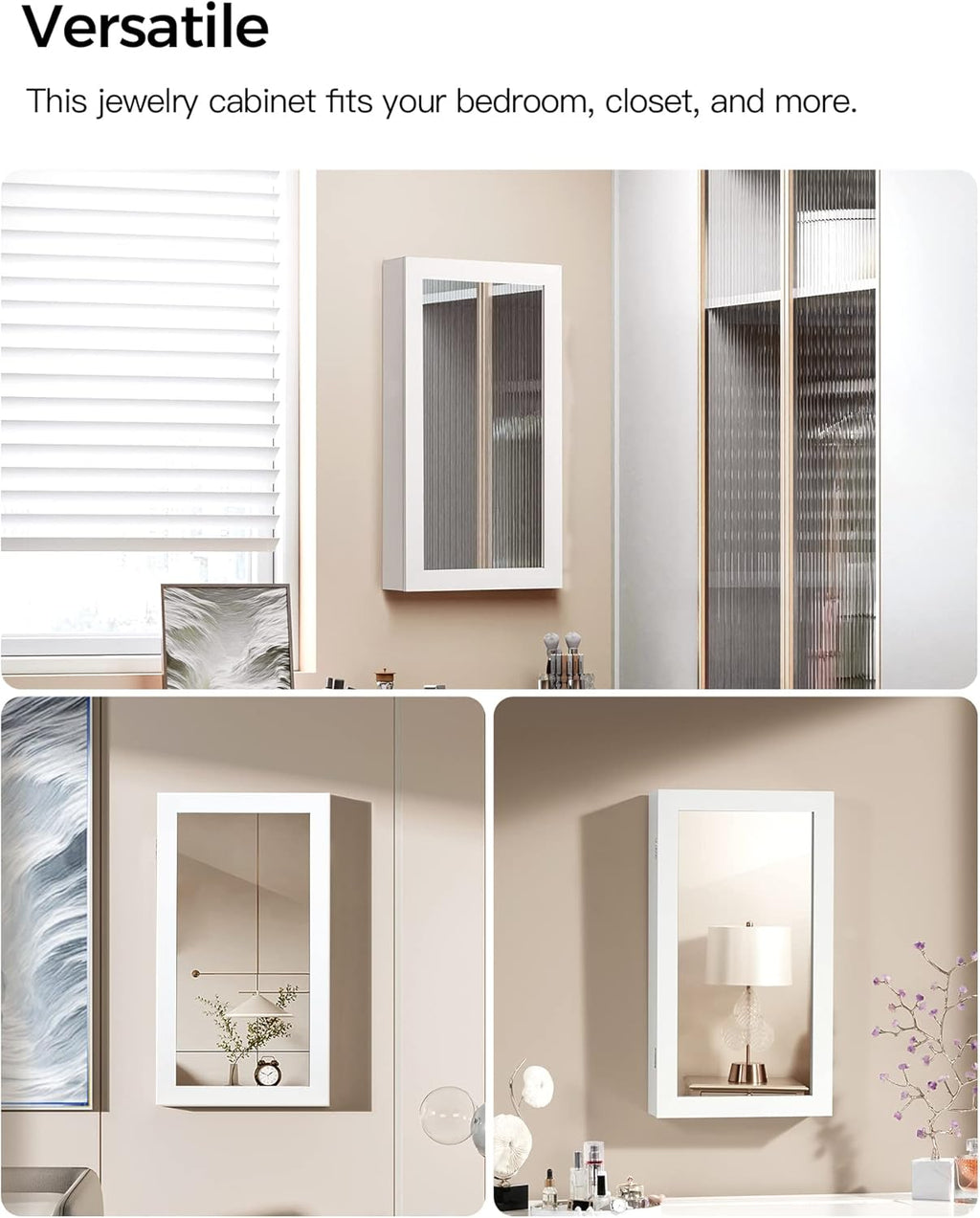 SONGMICS Lockable Jewelry Cabinet Armoire with Mirror, Wall-Mounted Space Saving Jewelry Storage Organizer, Christmas Gift, White UJJC51WT