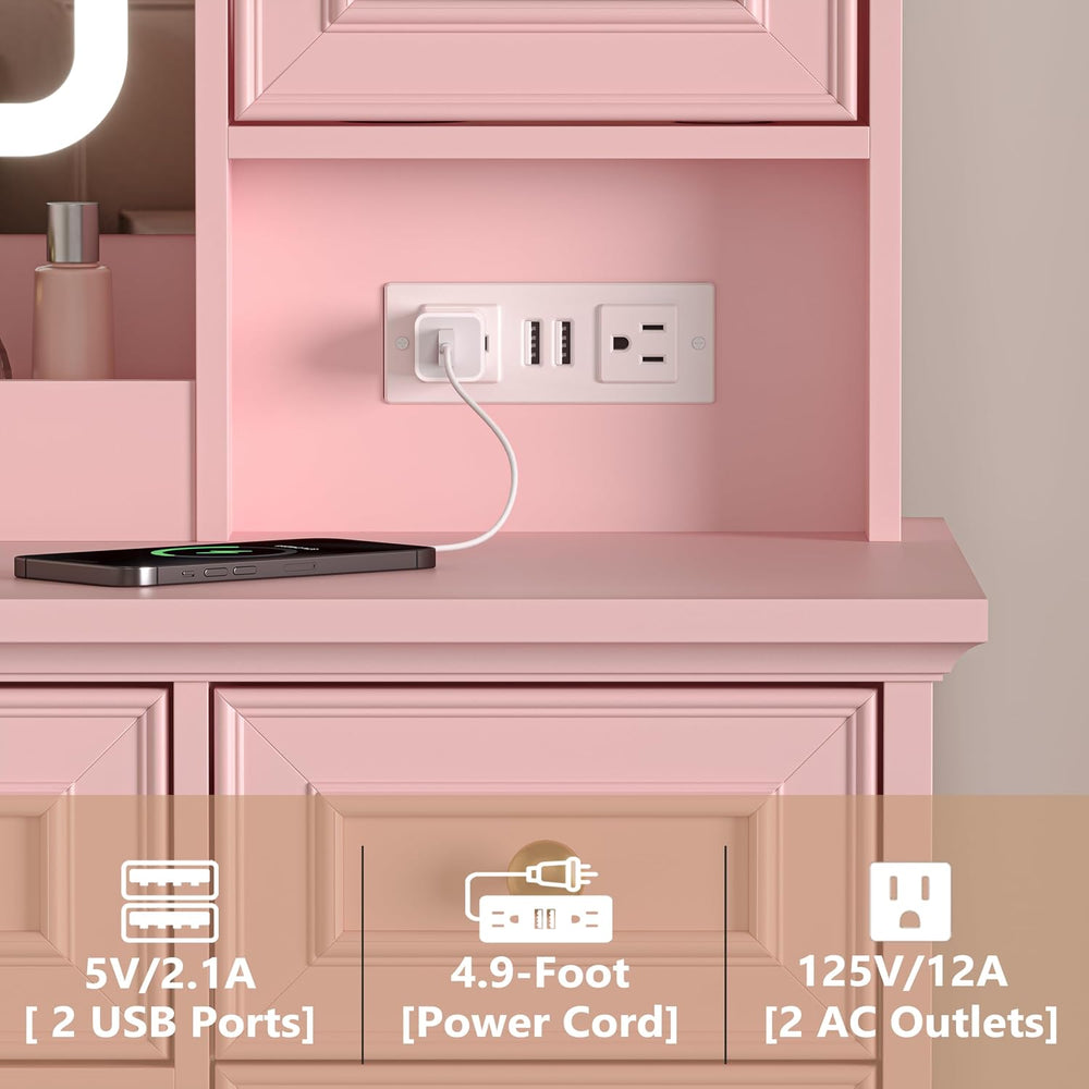 HUANLEGO Farmhouse Makeup Vanity Desk with Mirror and LED Lights, Pink | Vani...