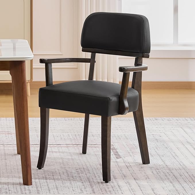 PU Leather Dining Chairs with Arms Set of 2, Upholstered Dining Room Chairs with Hardwood Legs & Open Curved Backrest,Modern Accent Kitchen Chairs 350 LBS Capacity, Black