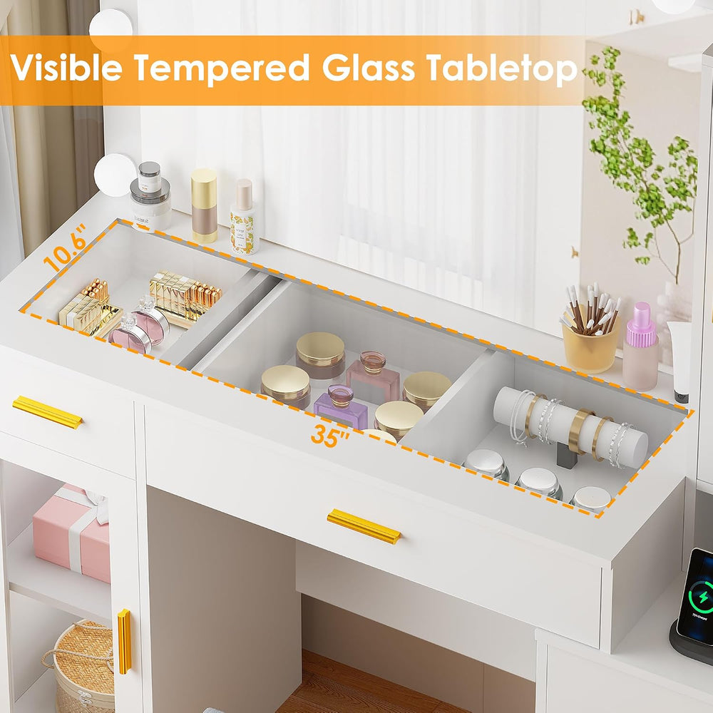 BEWISHOME 49.2" Large Glass Top Vanity Desk with Lighted Mirror and Stoo...