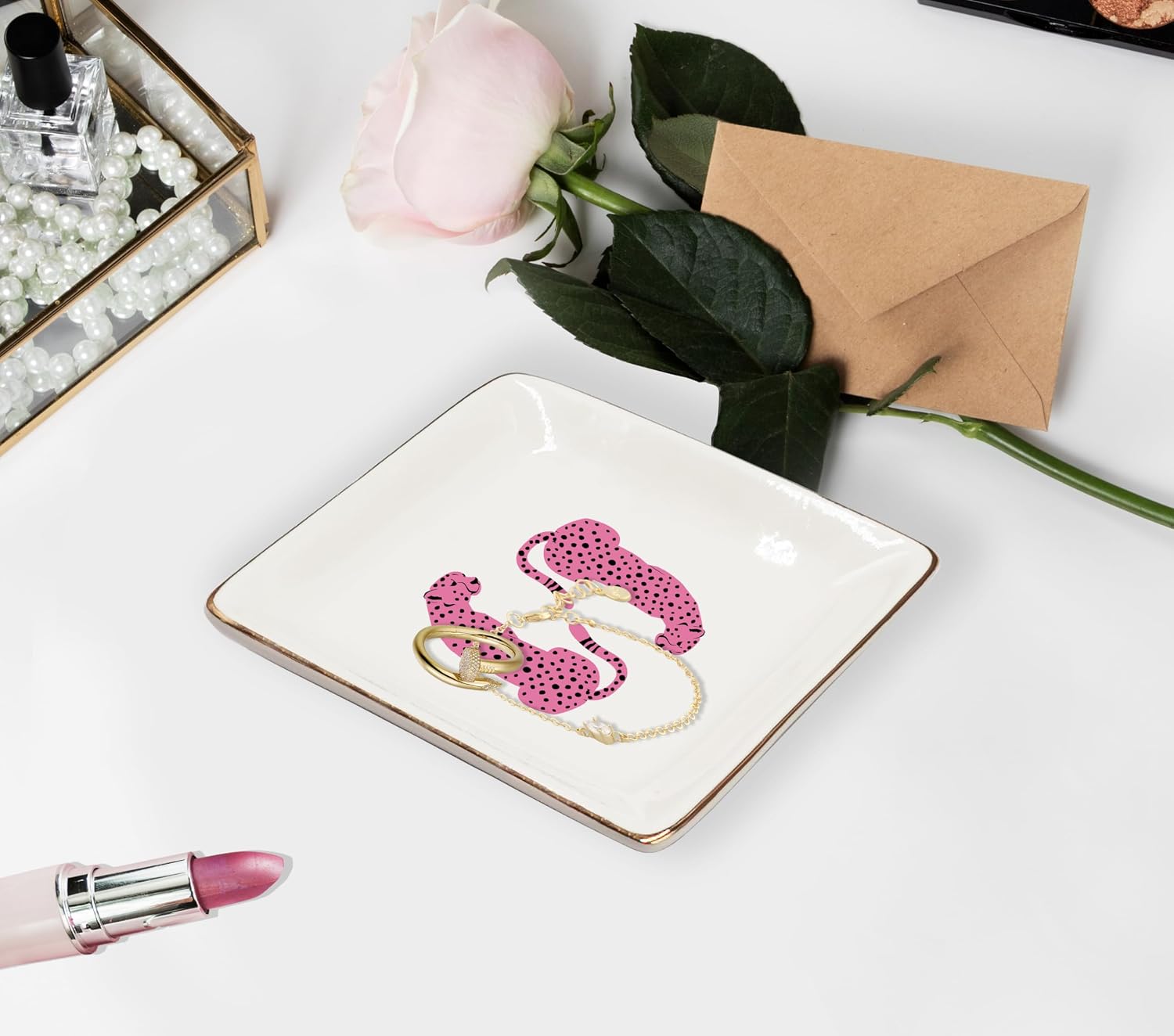 WODMIS Pink Leopard Ceramic Jewelry Tray Dish, Cheetah Gifts for Women, Trendy Retro Preppy Pink Cheetah Jewelry Plate Ring Trinket Dish, Leopard Gifts for Women
