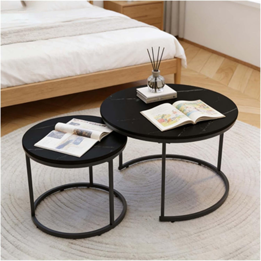 Round Coffee Table Set of 2, Modern Nesting Tables with Marble Look Top &...