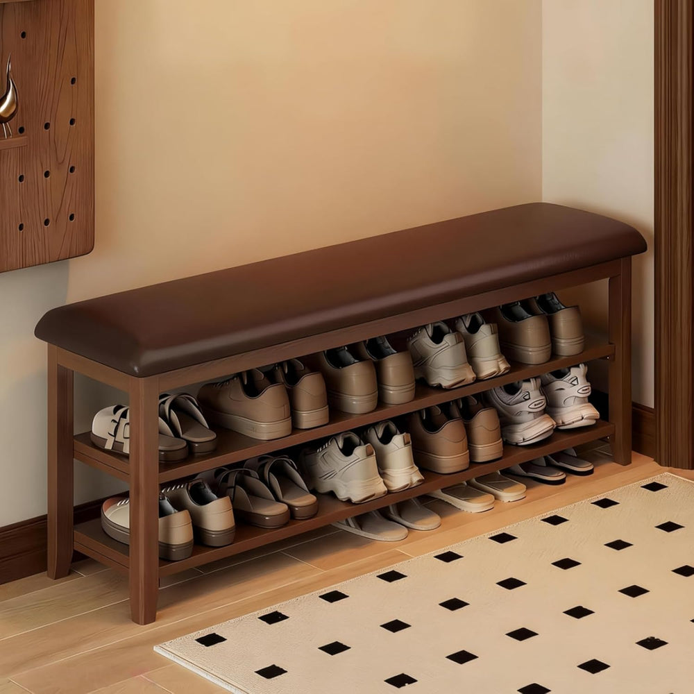Shoe Bench Storage with Leather Cushion, Rustic Solid Wood Entryway Bench wit...