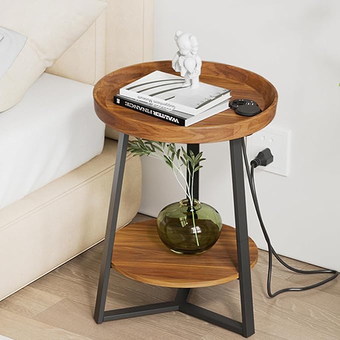 Gadroad Round End Table with Charging Station, USB Ports, Wood Tabletop &...