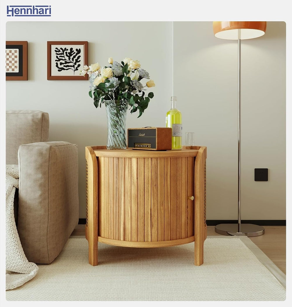 Acacia Wood Rattan Coffee Table, Side Table with Woven Cane Doors, Round End ...