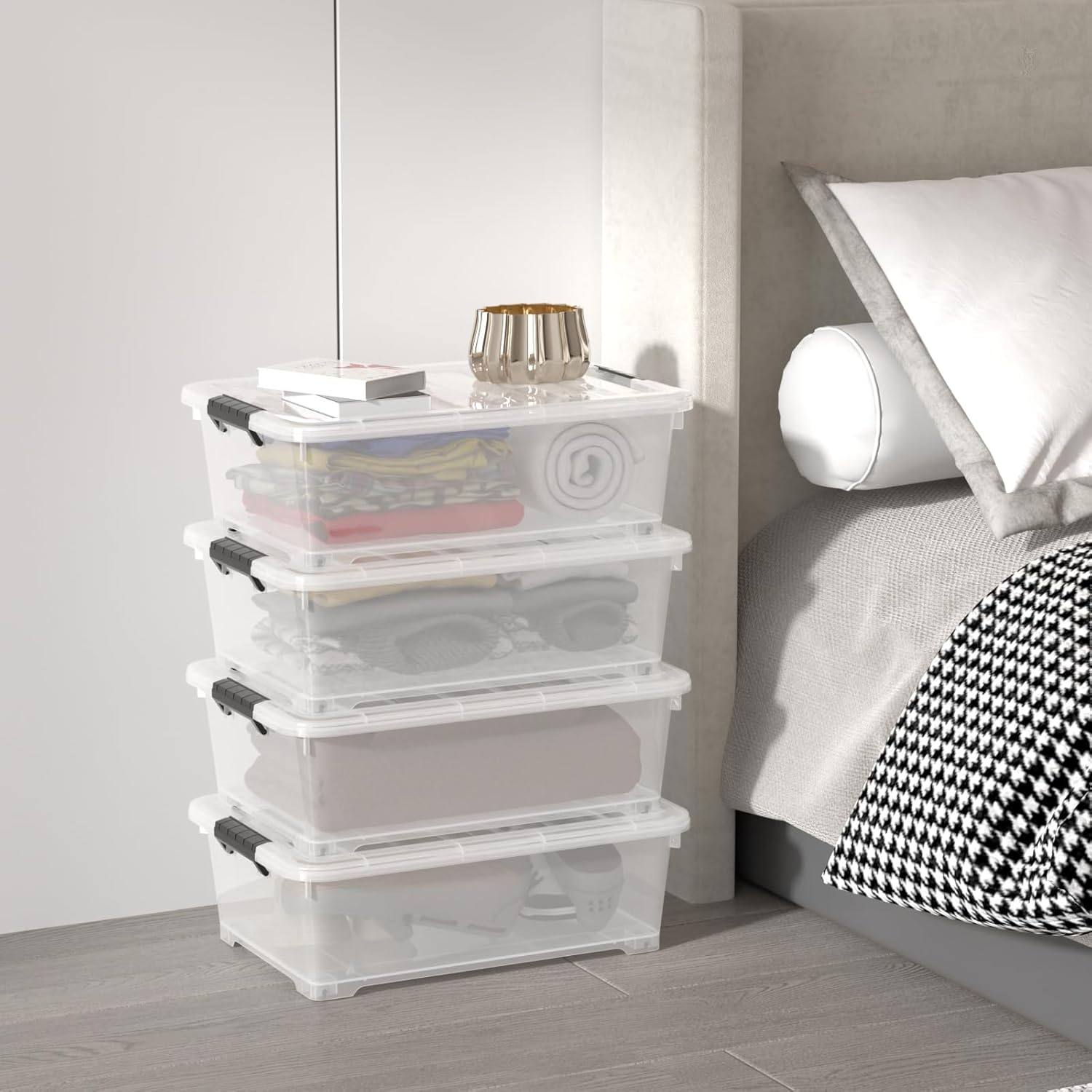 Sandmovie 4 Packs 20 Quart Plastic Under Bed Storage Boxes, Plastic Bins Storage Under Bed, Clear