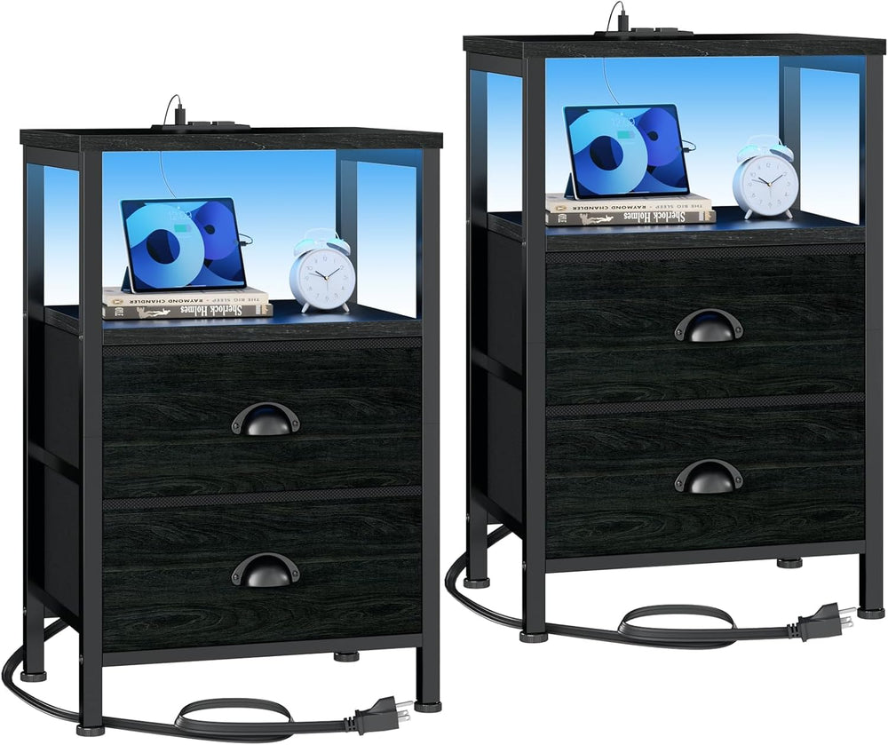 Furologee Nightstands Set of 2, End Tables with Charging Station and LED Ligh...