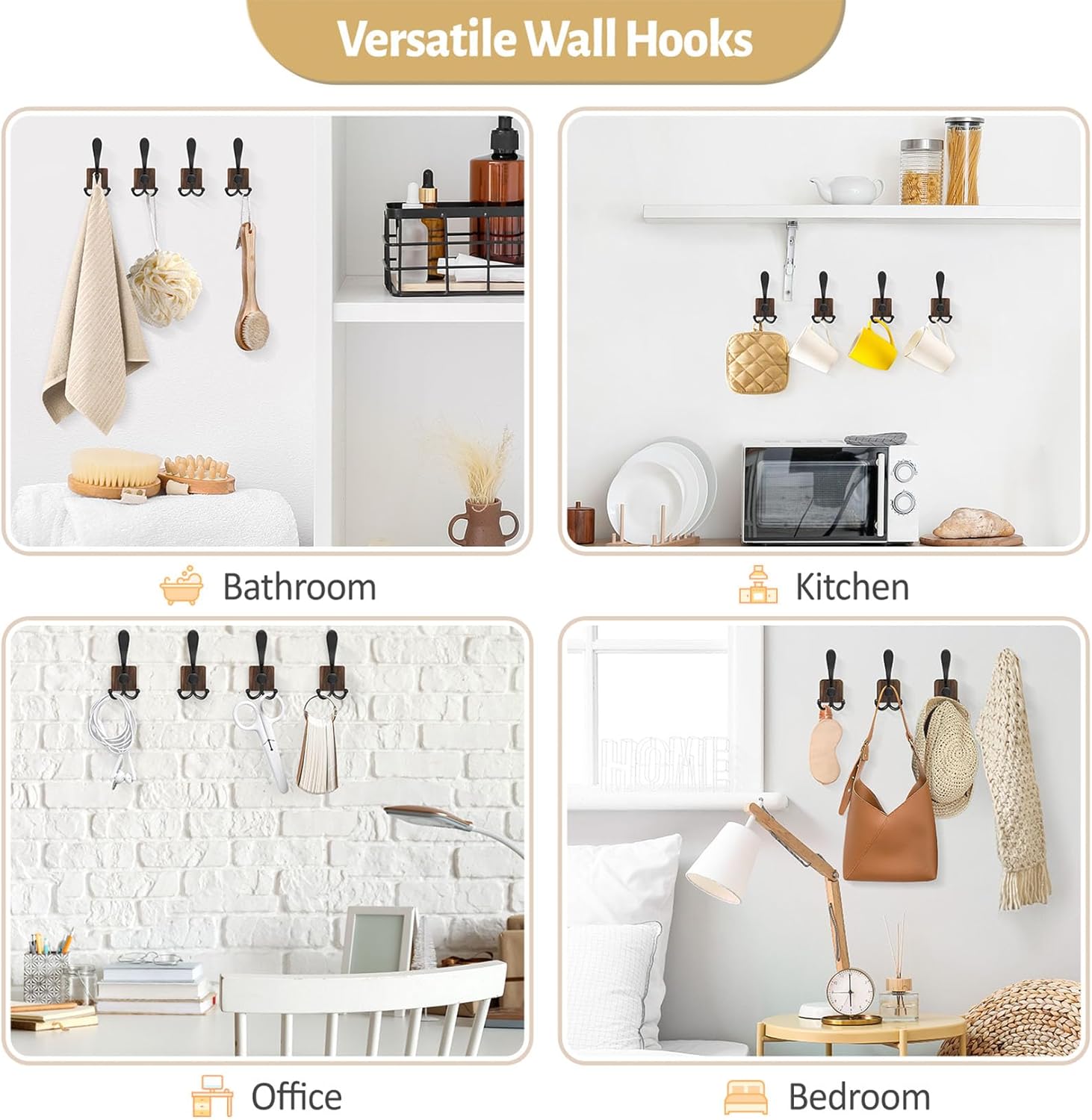 VIS'V Wooden 3 Prong Coat Hooks, Wall Mount, Heavy Duty, Brown, 4 Pcs