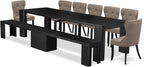 X07SI-B06-48 - 9-piece Dining Room Table Set a Rectangular Kitchen Table and a wooden Bench and 7 coffee Linen Fabric Dining Chair, 39x120 Inch, Wire Brushed Black