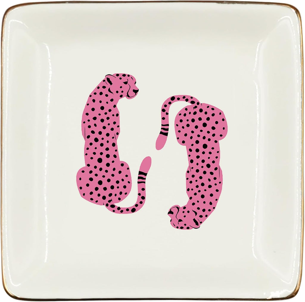WODMIS Pink Leopard Ceramic Jewelry Tray Dish, Cheetah Gifts for Women, Trendy Retro Preppy Pink Cheetah Jewelry Plate Ring Trinket Dish, Leopard Gifts for Women