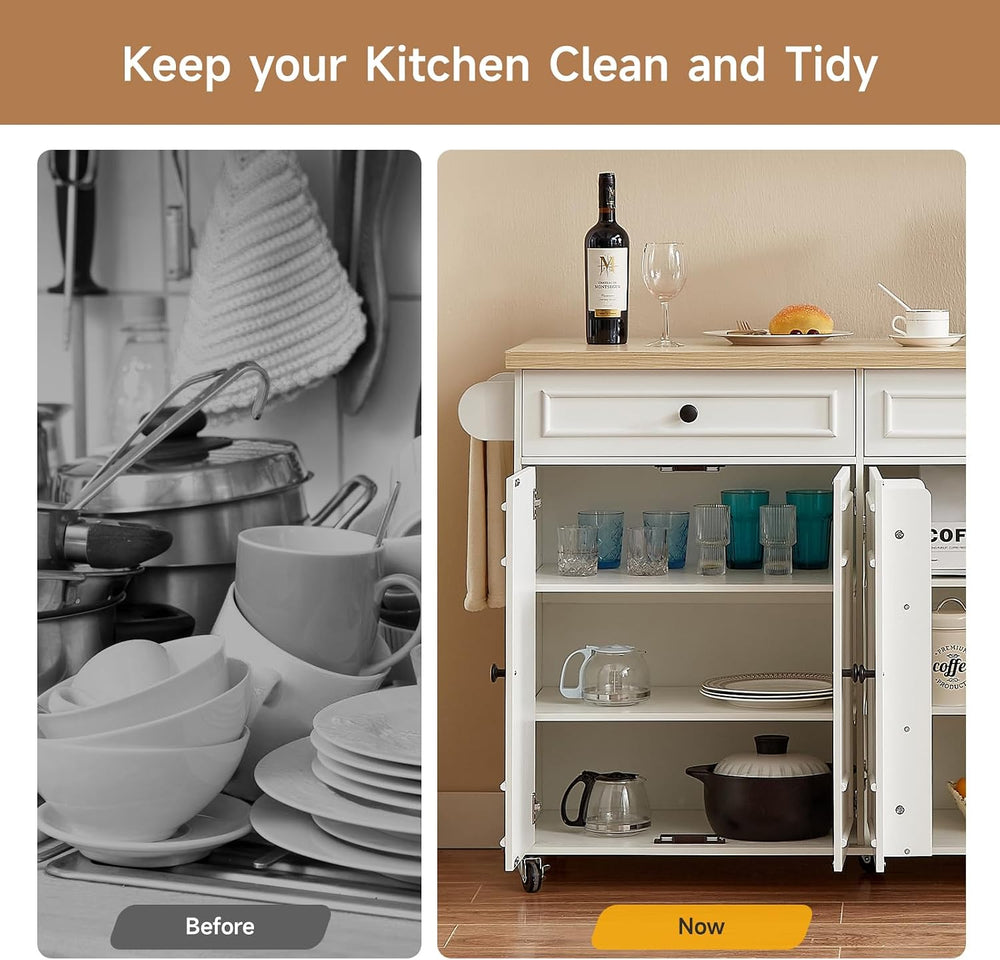 ONBRILL 58" Kitchen Island with Power Outlet, Rolling Kitchen Cart, White