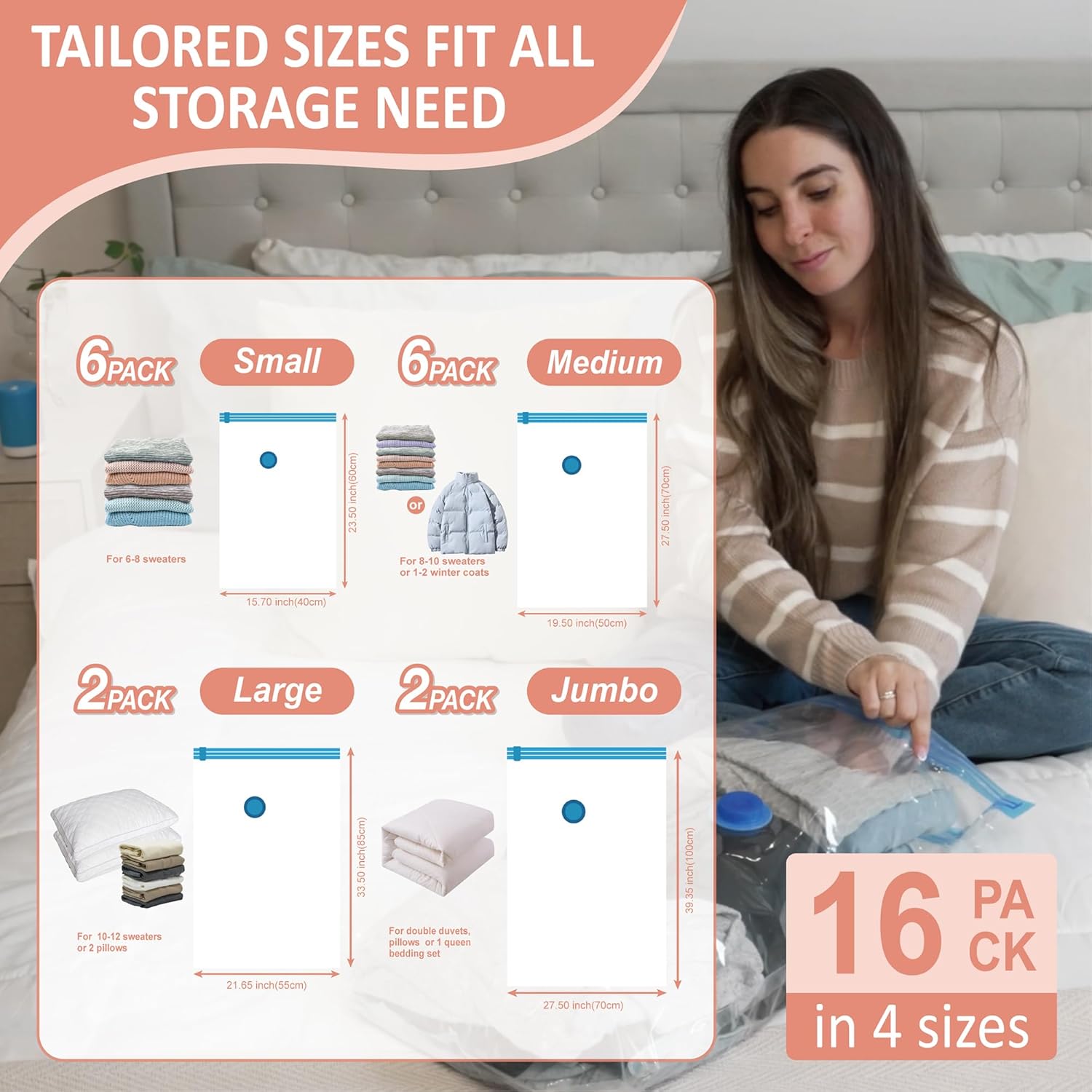 16 Pack Travel Vacuum Storage Bags with Rechargeable Wireless Electric Pump for Luggage, Suitcase, Carry-on Size Vacuum Seal Compression Space Saver Bags for Clothes and Clothing Travel