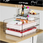 YKLSLH Paper Organizer Letter Tray - Acrylic Stackable Desk File Organizer with 5-Gird Tray and Pencil Holder, Clear Paper Sorter Office Organizer for Letter/A4, Office File Ipad Books Notes Etc