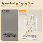 Multi-Functional Jewelry Holder Organizer Necklace Display Stand Velvet Lined Bar for Rings 2 Tier with 18 Hooks, 32 Earring Holes - Sturdy and Durable, Easy Organization White