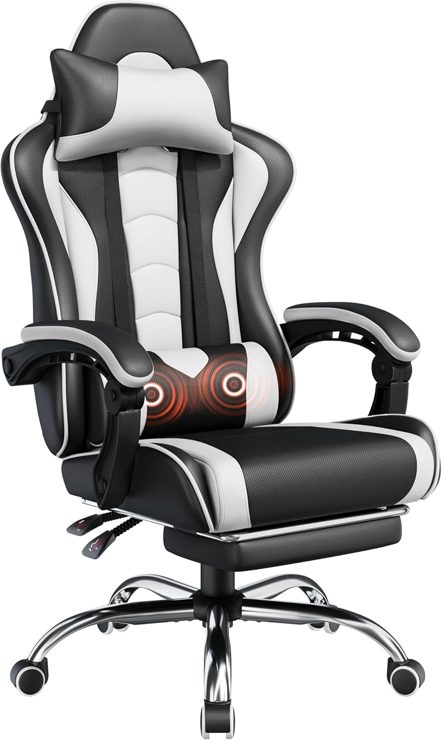 Yaheetech Gaming Chair with Footrest Massage Lumbar Pillow Black and White | ...